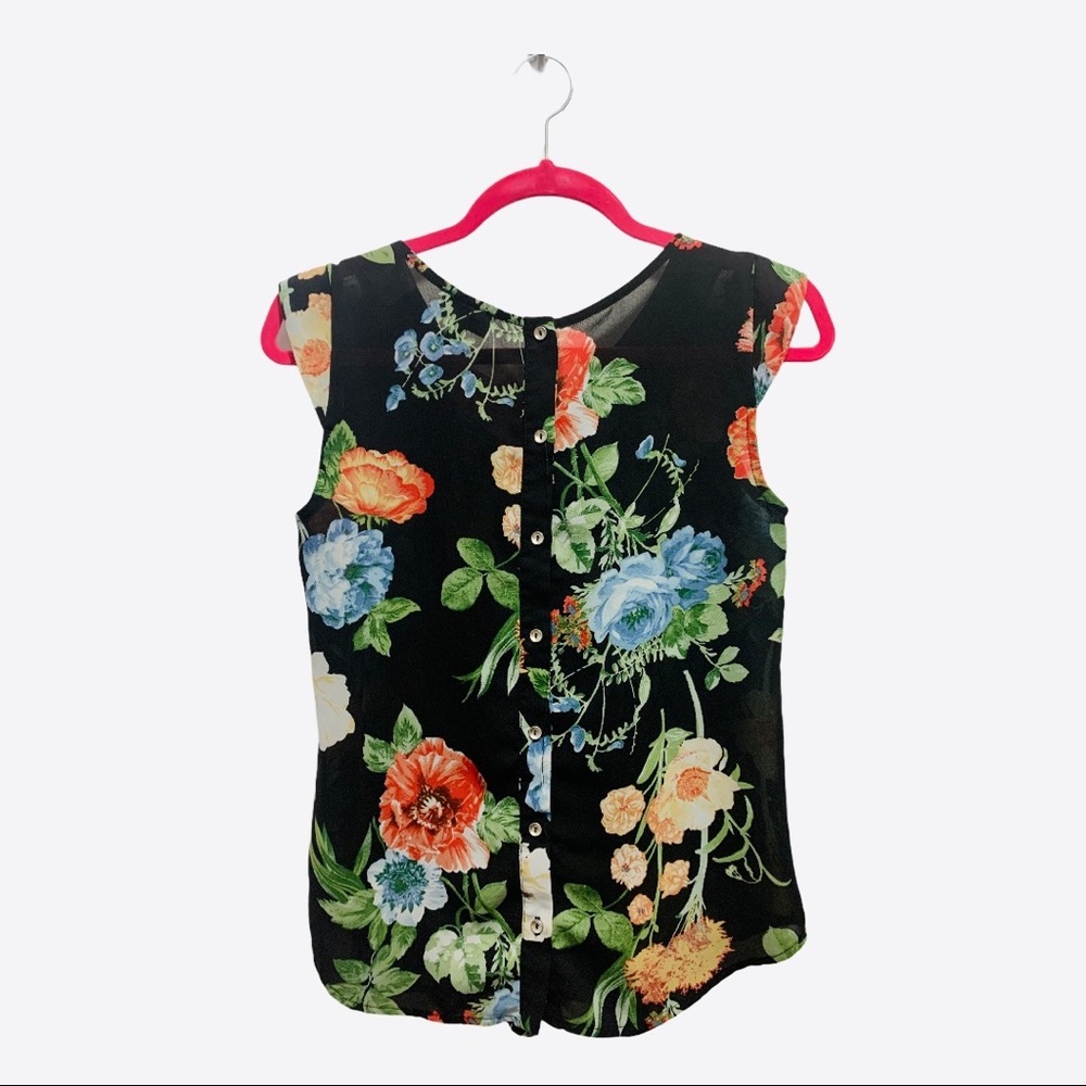 Black Floral Cap Sleeve Sheer Button-Back Blouse - Picture 8 of 13